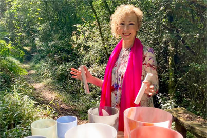 Sound healing by sound healer Wendy Leppard can be experienced in her studio, in nature by arrangement or even via distance session.
